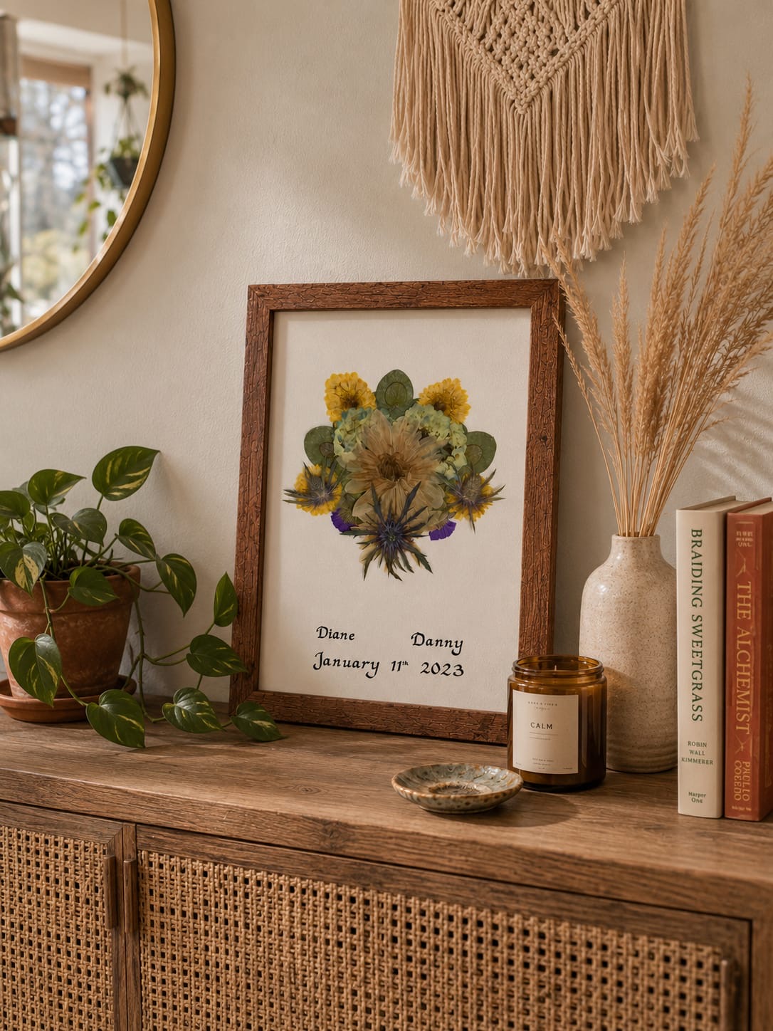 Detail of pressed flowers in wedding floral artwork